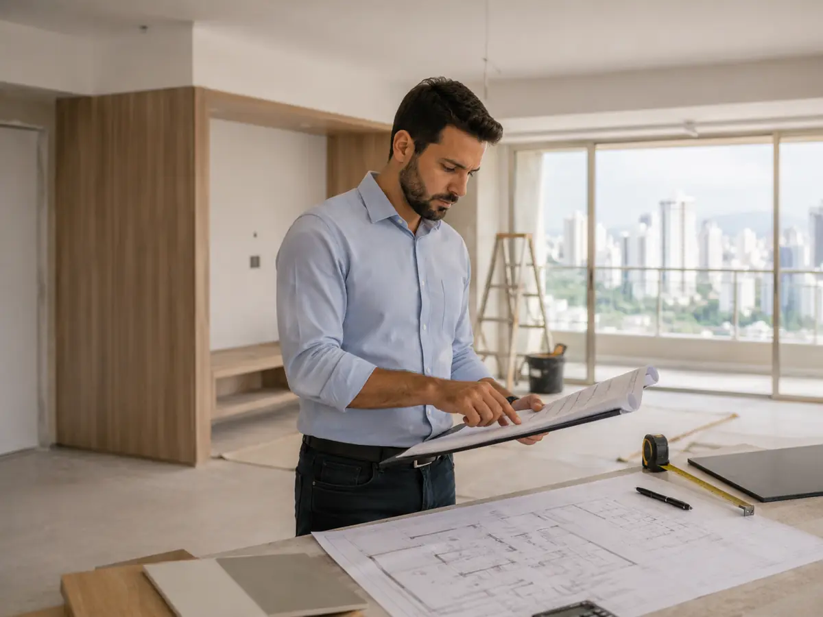 Engenheiro analisando planta técnica de reforma em apartamento
